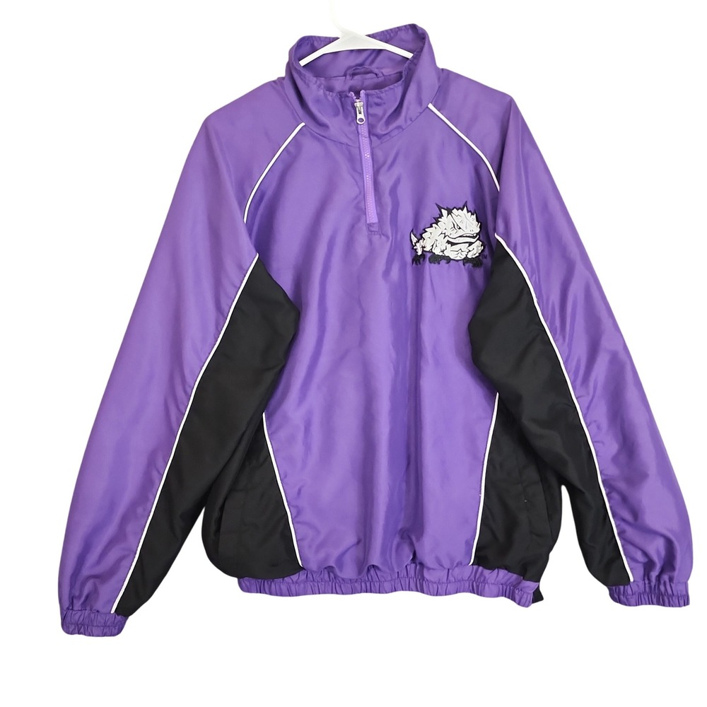 TCU Horned Frogs Jacket Large Purple Black Lined Embroidered Windbreaker VTG Y2K